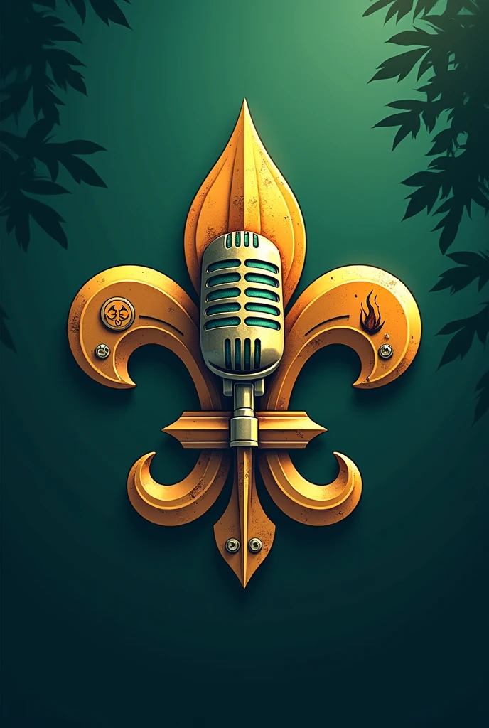 Create a brand logo for Podcasts forming a Scout fleur-de-lis with the long arms of a microphone and listener with images of various Scout symbols, Remember that the program name is Podscout
