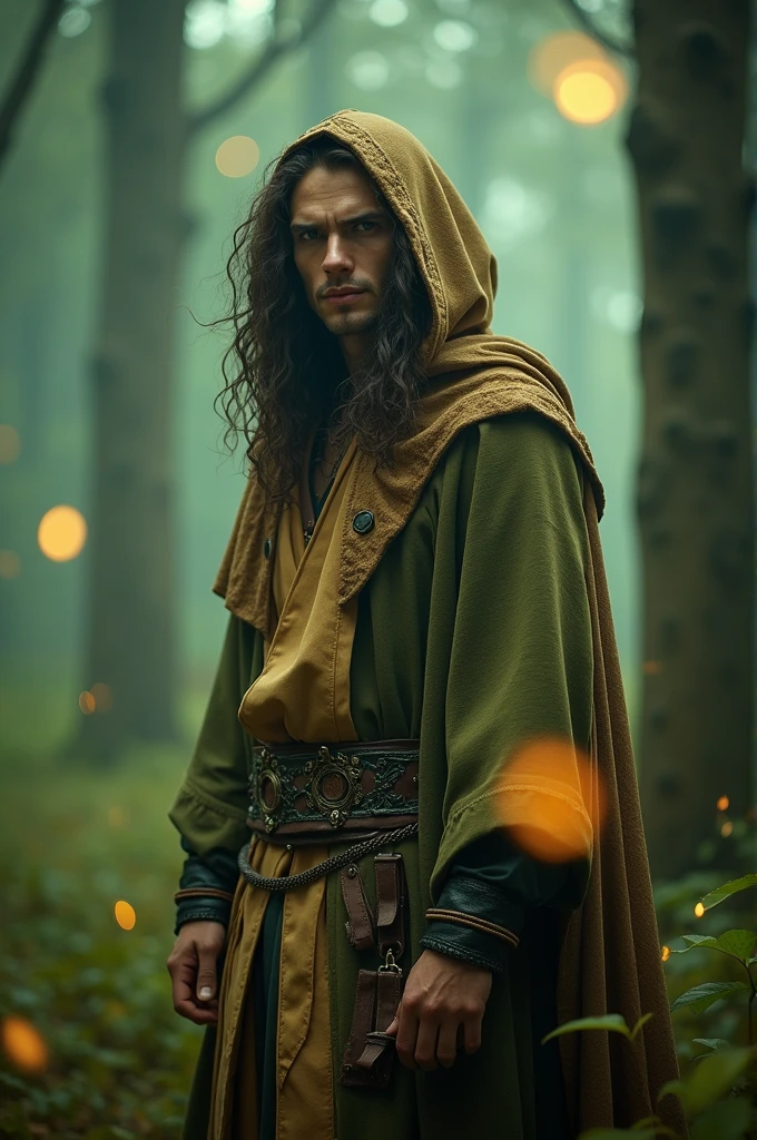 25-year-old guy with long curly hair, unkempt, hairless and with feminine features, dressed in golden beige and green colors and an old brown hooded robe, with an intimidating look and muscular build