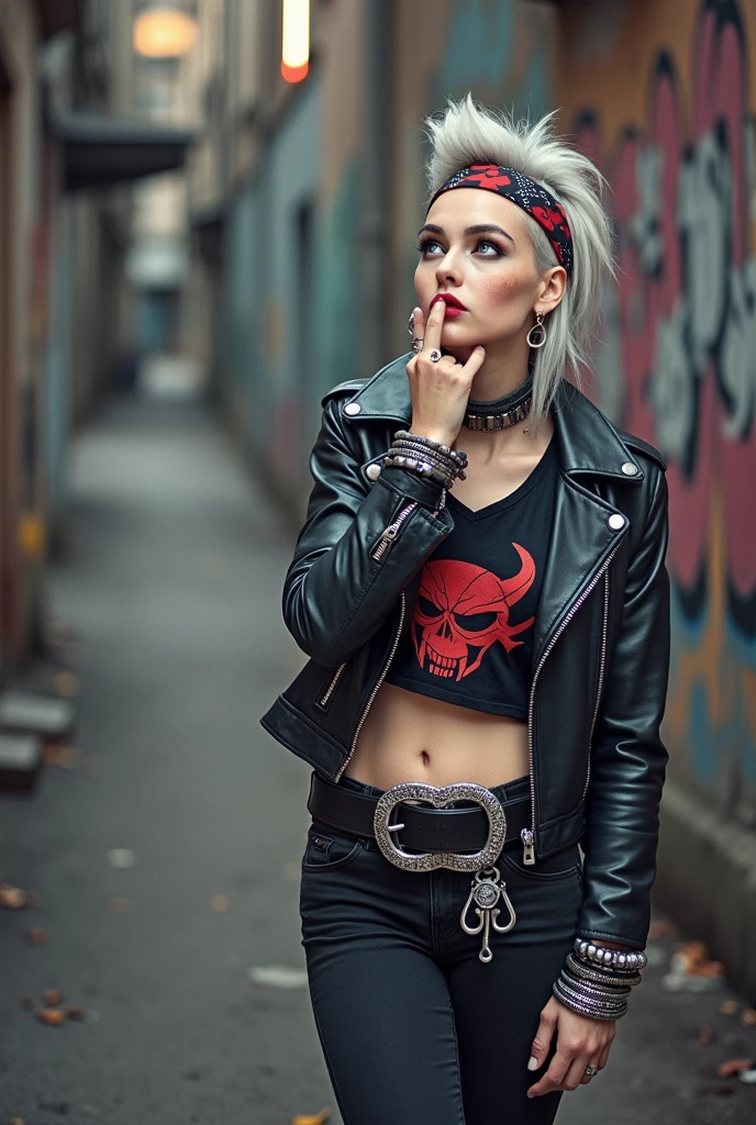 russian milf woman, biker gang member, grey hair (pompadour with shaved sides) and bandana headband, with very light blue eyes, extremely pale, heavy eye shadows. Thin. Sad face, smeared excessive make up and lipstick Wearing black moto jacket, cropped t-shirt with devil logo, skinny black jeans and white tennis sneakers . Lots of metallic bracelets. Tacky leather belt with oversized, excessive silver buckle. One hand covers her mouth. Wide loop earrings. Looks up like talking to God, mouth and eyes open