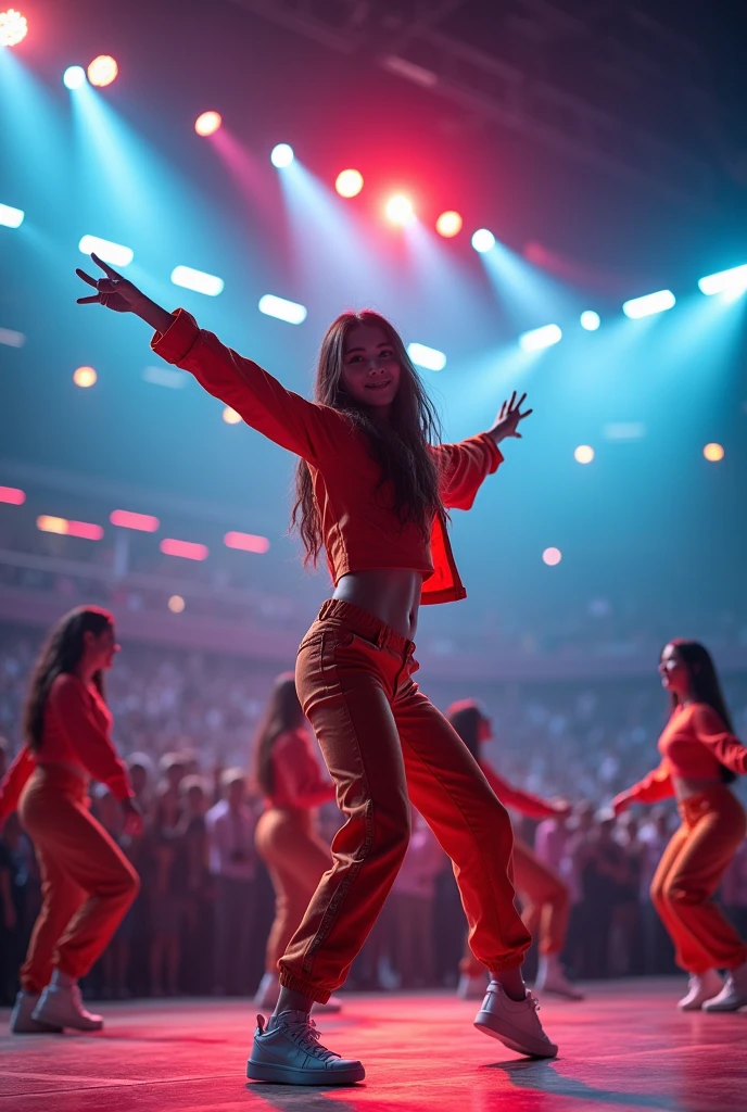 multi zoom up angle,realistic,8k,Beautiful multiple Radical vulgarity hiphop asian dance team girls, rock dancers estilo love dance team live, dancing and singing for her fans at the stadium