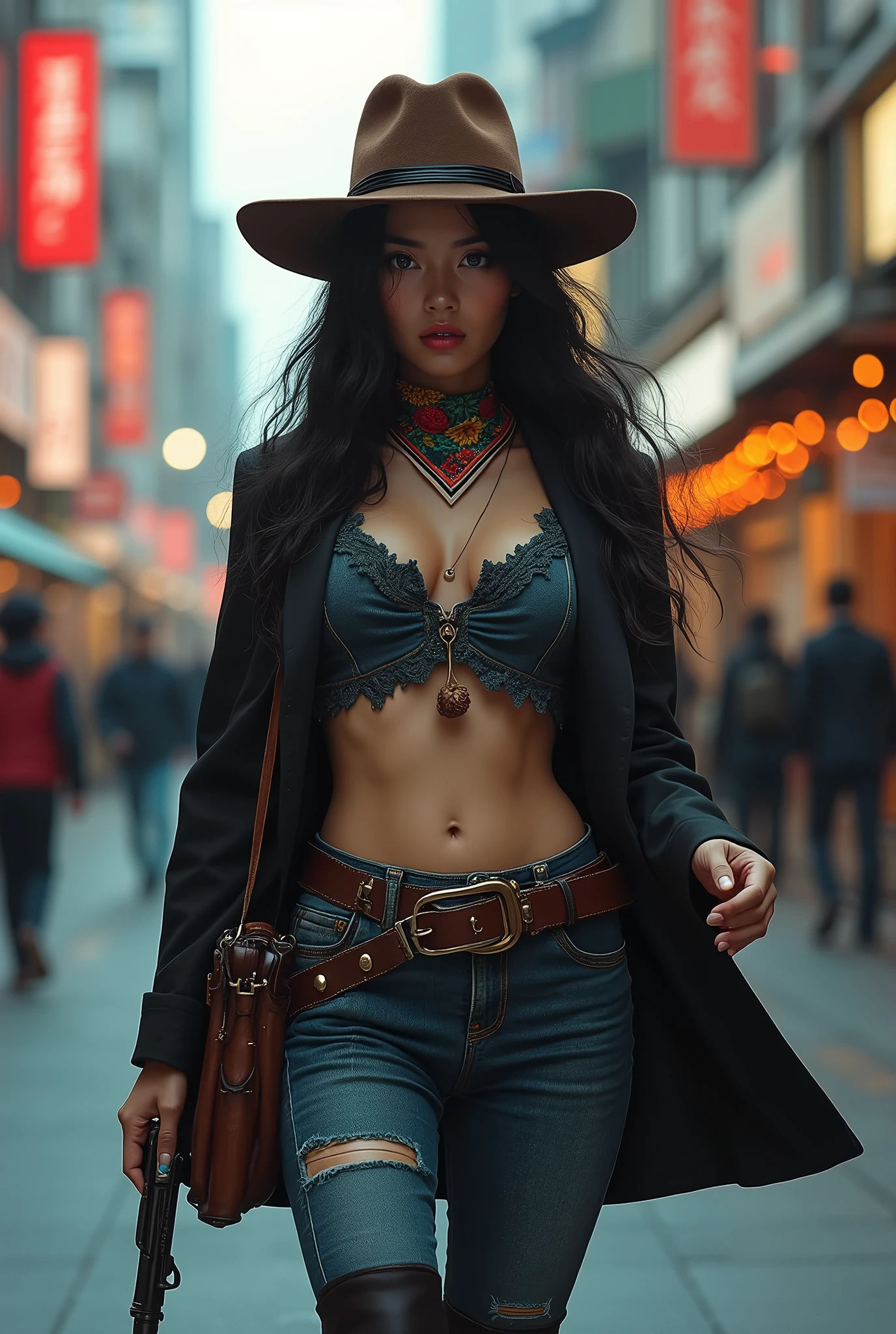 A Japanese woman walks through the city,Building,A plant,ssmile,mixed Korean,The background is blurred,Focus,light,(((masterpiece))), ((best quality)), ((Complex and detailed)), ((ultra-realistic realism)), ridiculous resolution, A MILF, adult woman, seethru, muito detalhado, enlightenment, 1Girl, (huge tits), narrow waist and wide hips,Long, lovely, detailled eyes, short, detailed information Hair, brunette color hair, a violet eye, (Western denim:1.2),Western Cowboyhut,cowboy boots,Cowhide leather vest,chaparejos,Western Denim Shawl,Western-Cowgirl,Play as Red Dead Redemption,American cowboys,Westworld,Cowboy Bounty Hunter,Wears a Mexican wide-brimmed felt hat with a high peak、Carry a Colt revolver or a Winchester rifle on your shoulder、Wrapped around a cartridge belt、Wear a denim leather top、and corset sleeves with tight multi-bag jeans、Step into a pair of high leather boots with spikes、A colorful printed square around the neck,(no underwear),pantiess, detailed background, perfect eyes, Seductive eye, Viewers look at, from front view,Wear light,