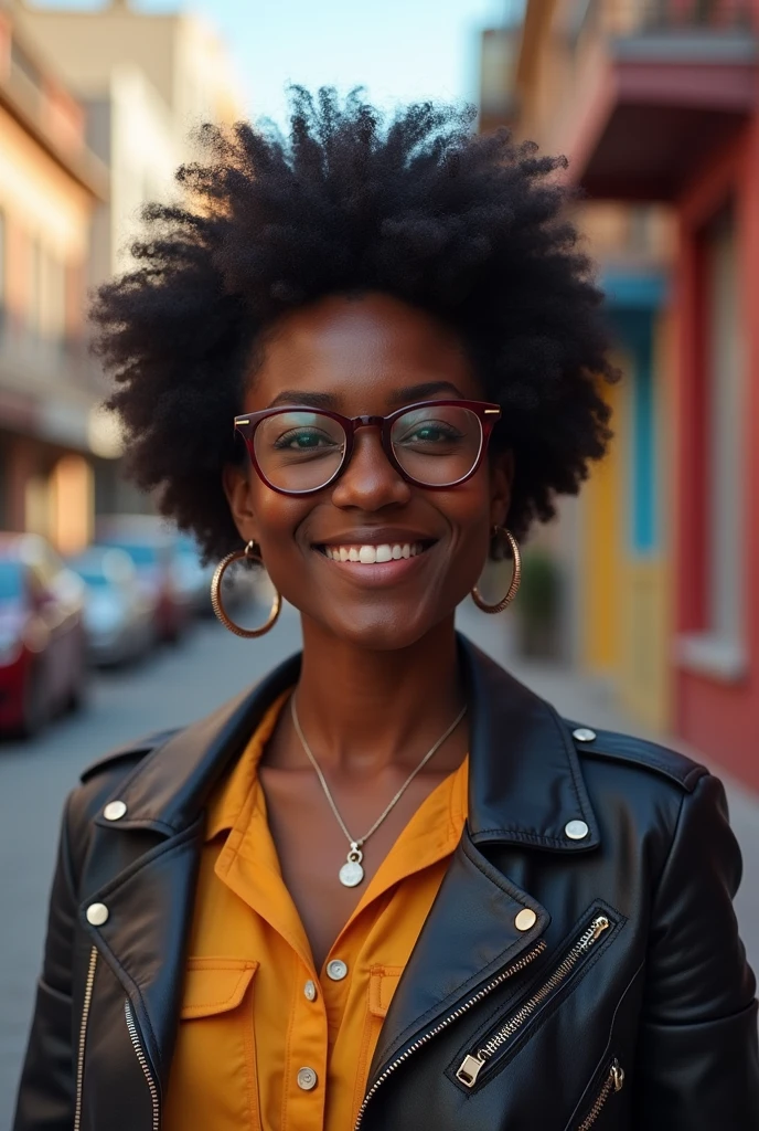 A black woman with a round nose and a round face, somewhat thin eyes with wine-colored glasses, half red, and on her side, her short, frizzy hair. Her thin lips are not very pretty and her face is chubby. 