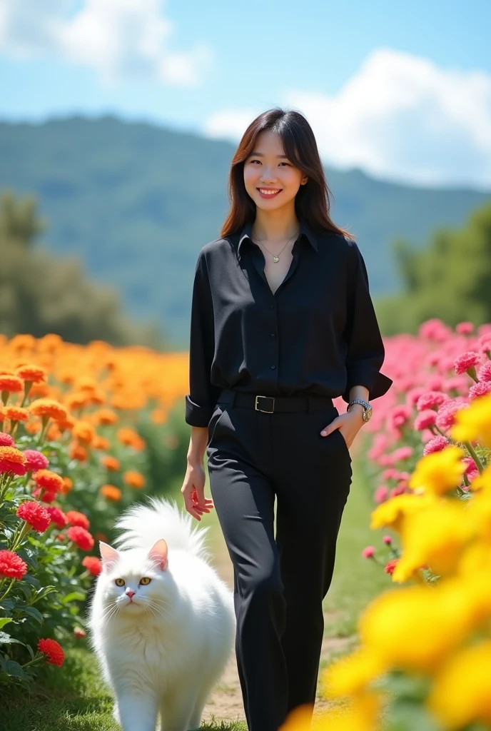 a Korean woman wearing a black shirt, trousers. 20 years old. was walking with a white Persian cat while looking straight ahead with a smile. You can see the cat garden and flower hill, garden background, blue sky, photo studio