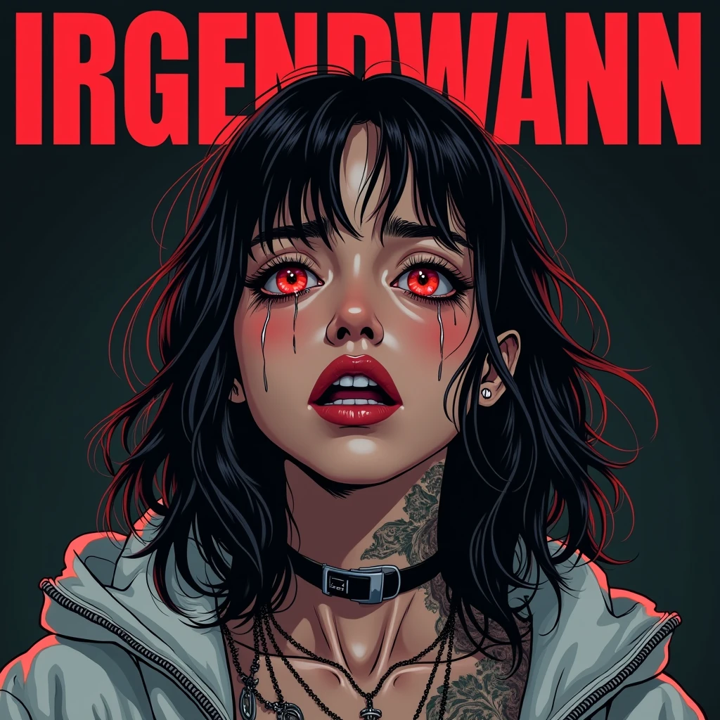 Asian Girl Rapper, falling, pretty, face_tattoos, comic style, cartoon, dark sad vibe, tears, dark background, Album cover, "IRGENDWANN", Letters say IRGENDWANN, dark, comic style, gangster, tech wear outfit, dynamic