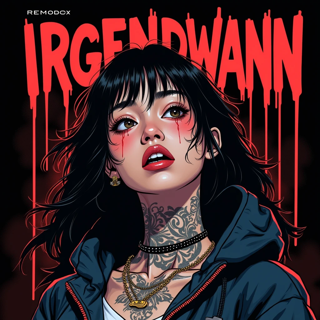 Asian Girl Rapper, falling, pretty, face_tattoos, comic style, cartoon, dark sad vibe, tears, dark background, Album cover, "IRGENDWANN", Letters say IRGENDWANN, dark, comic style, gangster, tech wear outfit, dynamic