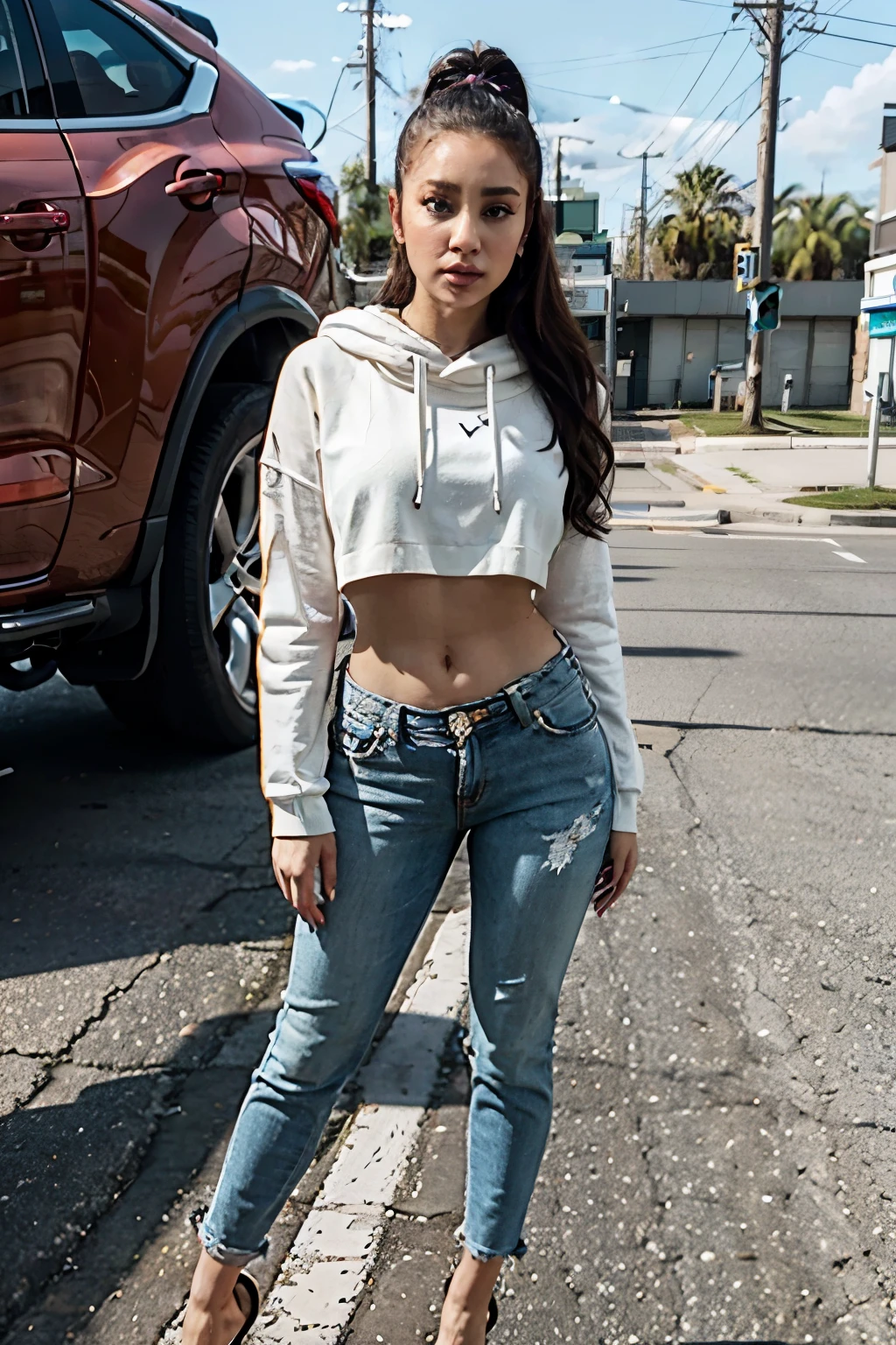 a close-up of a person standing in front of a car, photo by full body, gta 5 skin tone, ariana grande in gta v, like a GTAV character, photo by full body hiperdetalhada, no hood | | realistic shading, mulher de corpo inteiro, skin-tight outfit, gta v character, smallest belly ever, different full body view