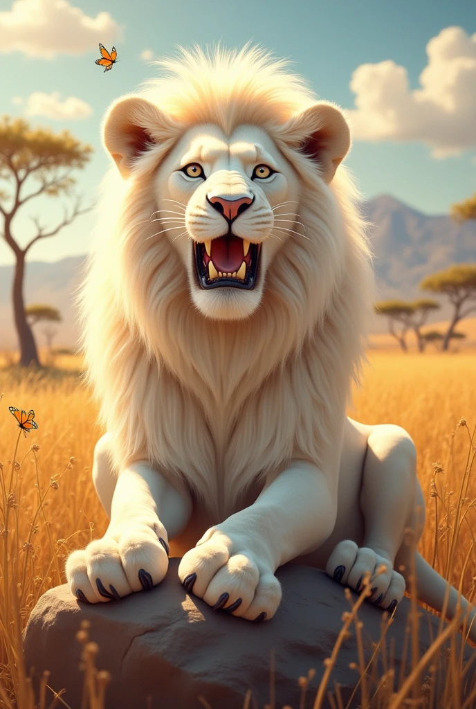 A toothy and cross-eyed white lion 

