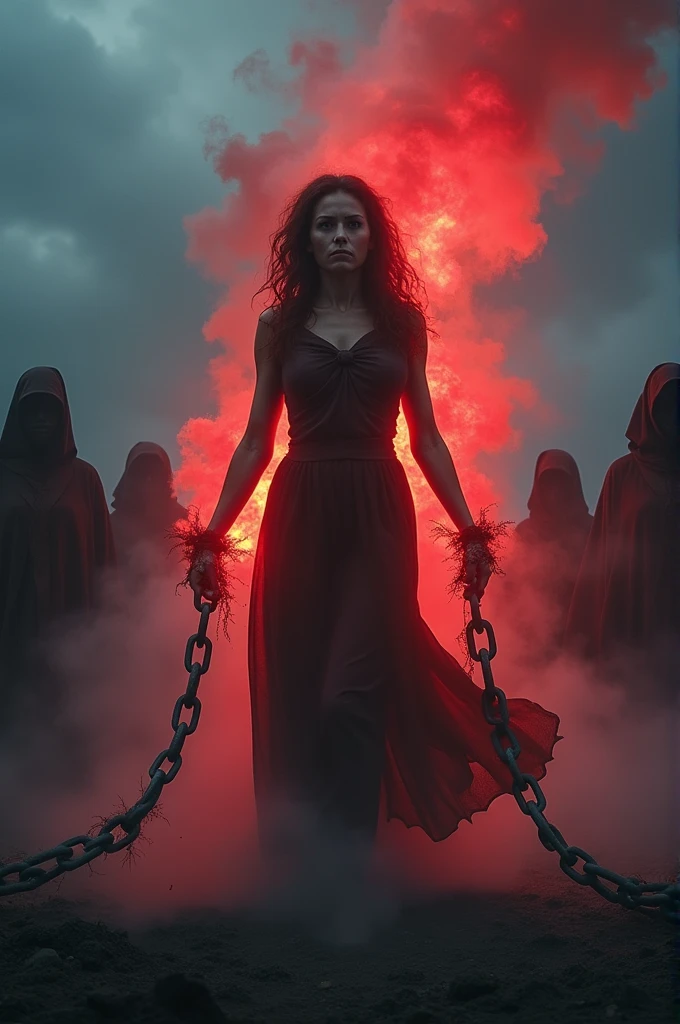 Chained woman emerging from smoke with people behind and red breaking the chains 