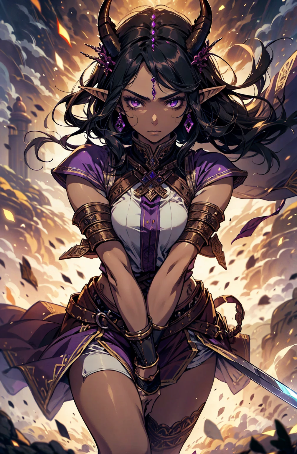 brown skin, older woman, sexy, tall, brown skin, one wing, black hair, elf, elf ears, horns, sleeveless, warrior, sword, purple, dramatic composition