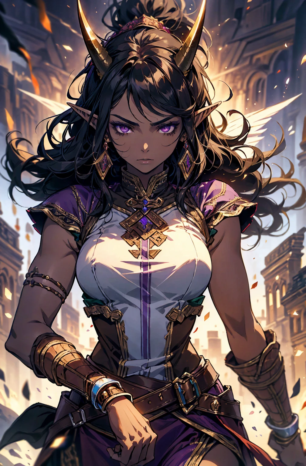 brown skin, older woman, sexy, tall, brown skin, one wing, black hair, elf, elf ears, horns, sleeveless, warrior, sword, purple, dramatic composition