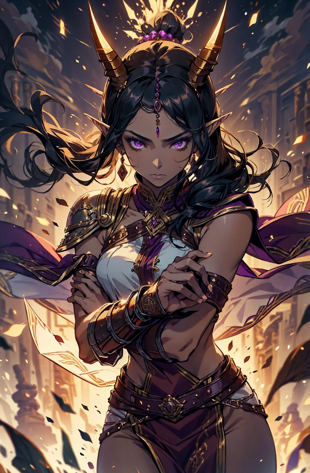 brown skin, older woman, sexy, tall, brown skin, one wing, black hair, elf, elf ears, horns, sleeveless, warrior, sword, purple, dramatic composition