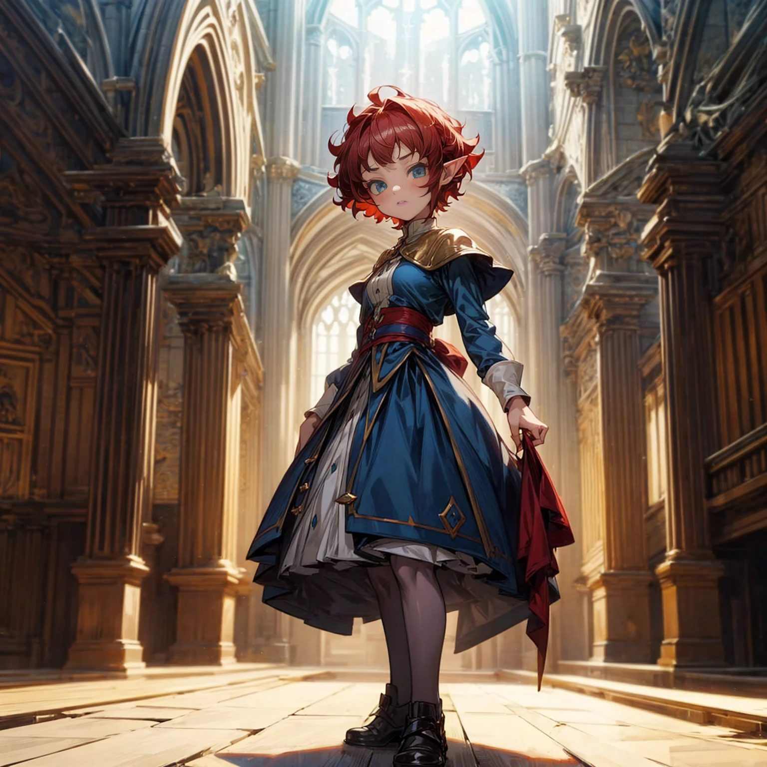 Solo character, full body version, kid girl, (elf), blue eyes, red color hair, short Curly haircut, His hair covered his eyes, dress princess outfit, , indoor, library, Castle, medieval, detailed background, detailed clothing, detailed hair, standing gesture, (Hunter x Hunter style art), medium breast