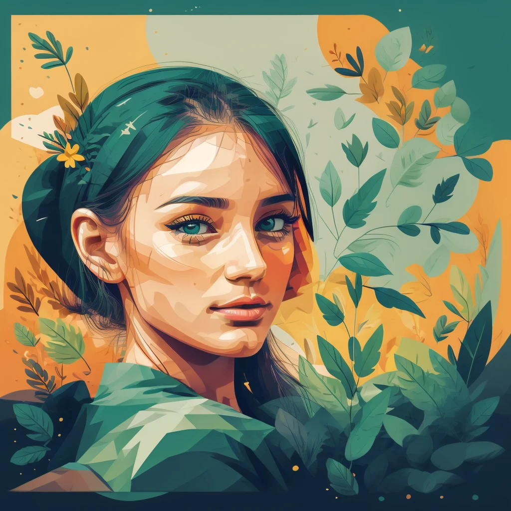 Abstract summer, minimal, vector, mix of natural and geometric, 2D, mostly using color code dark green and mustard palette, dark gray green, dark green mustard pastel color, using very little dark green warm colors with tonal combination With green and mustard color, the direction of the girl's face and look around, the girl's age is over 20 years old, the face should be minimal and abstract, the face should not be realistic and photographic, the face should be geometric and abstract cubism. Style, different face styles, dark gray green, face blend with background