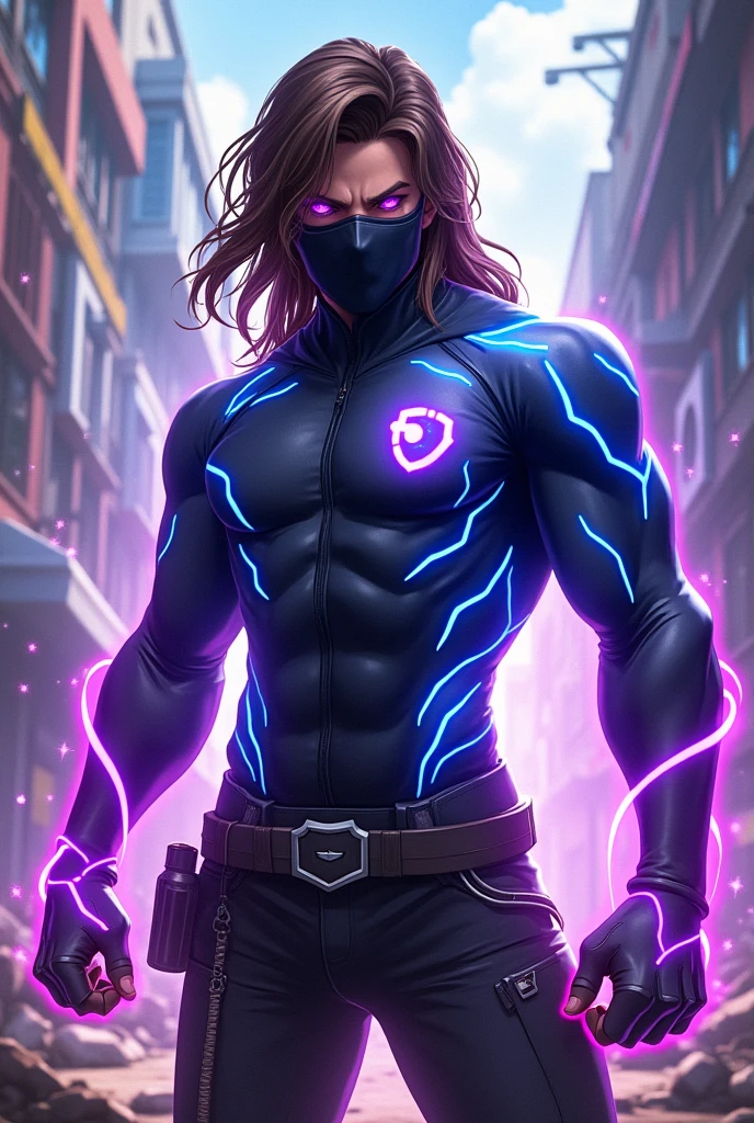 A male character from Free Fire, with long brown hair, with black mask, and with a closed long-sleeved shirt with blue aureas, Written, RARO XT, small chest, with purple aura coming out of the eyes