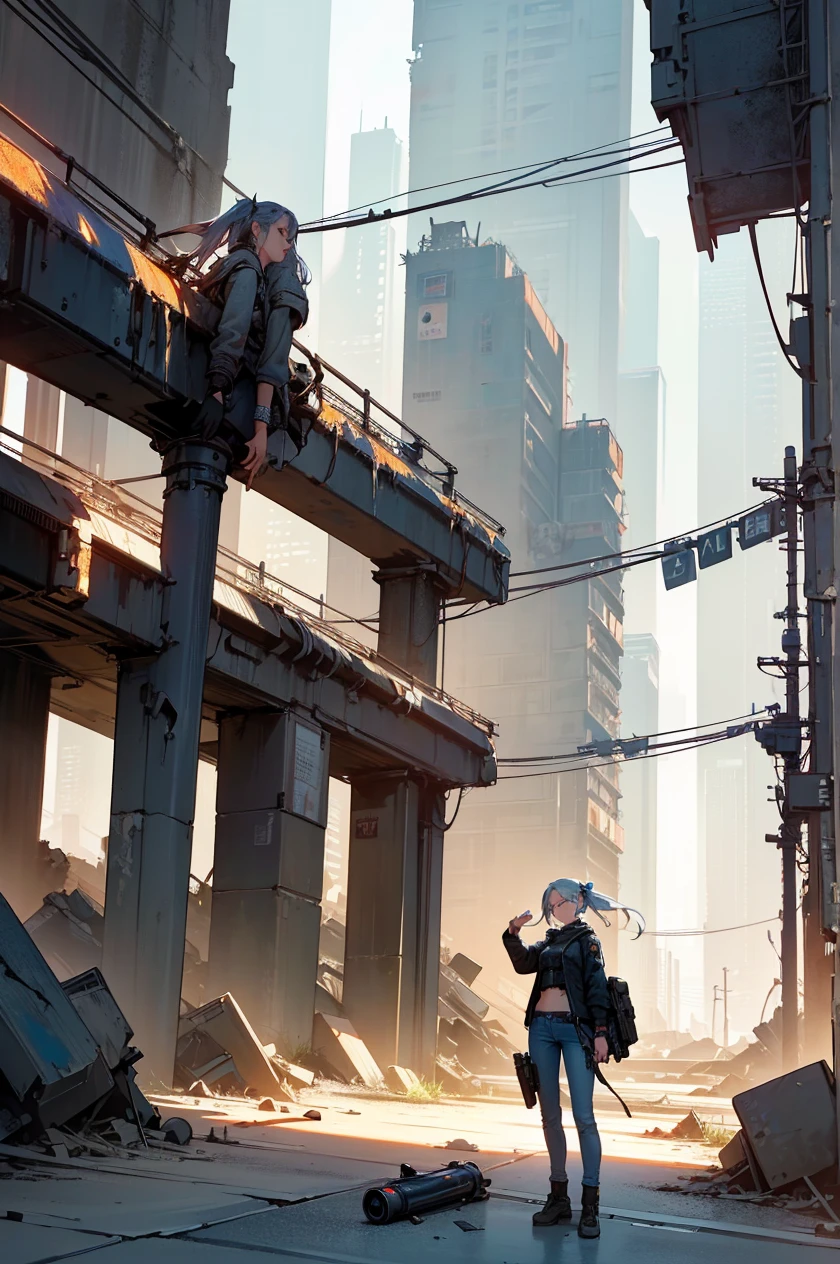 A post-apocalyptic scene in New York, 4 girls in retro-style outfits, wearing tight blue jeans, blue, red, black and white clothes, with pigtails, blue and white hair, holding guns that shoot light, in fierce poses, (best quality,4k,8k,highres,masterpiece:1.2),ultra-detailed,(realistic,photorealistic,photo-realistic:1.37),extremely detailed girls, beautiful detailed eyes, beautiful detailed lips, extremely detailed eyes and face, long eyelashes, highly detailed environment, dystopian, cinematic lighting, dramatic shadows, gritty, grunge, muted colors, post-apocalyptic, abandoned city, rubble, concrete, neon signs, cyberpunk, retrofuturistic