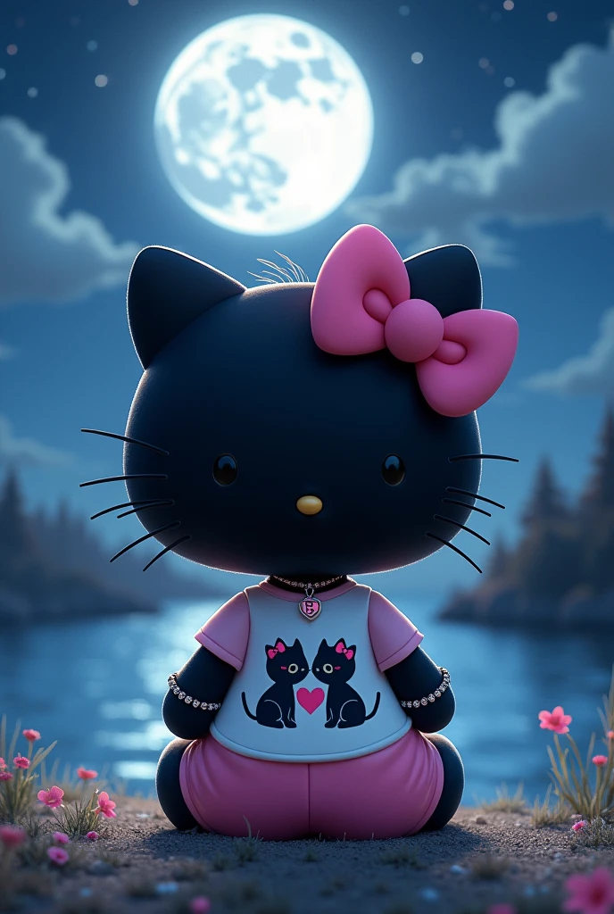 Hello Kitty with black hair combed centered, pink bow, a shirt with two kissing cats with initials L and G, sitting watching the full moon, she has shorts and bracelets, and a heart-shaped necklace.