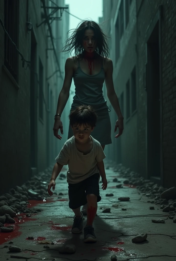 A woman in the dark with blood on her hands and a disturbing face following a black child about s old and the child trips and kills him