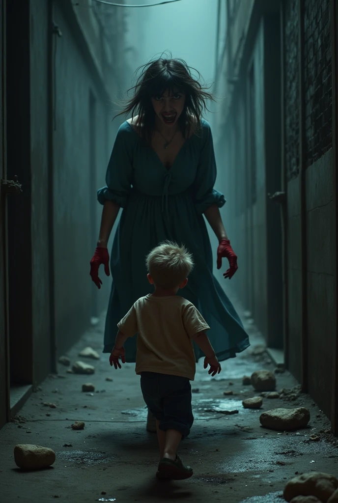 A woman in the dark with blood on her hands and a disturbing face following a black child about 8 years old and the child trips and kills him