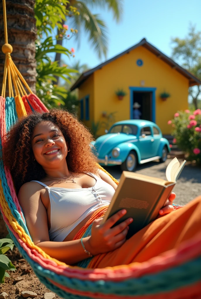 A half-fat Brazilian woman with curly hair in a hammock reading a book in front of her simple yellow house, with a light blue Beetle and a flower garden 
