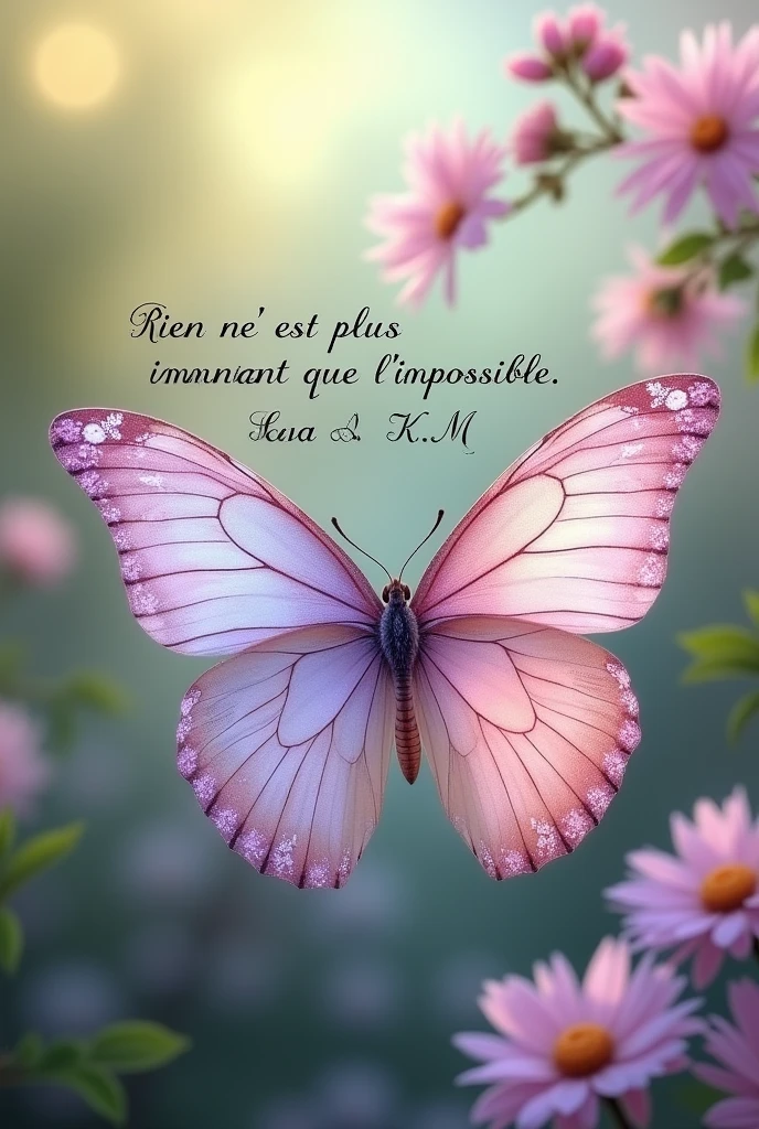 Fais moi une image plus féminine d'un papillon et à côté on a écrit
Rien n'est plus imminent que l'impossible. Sera K.M.