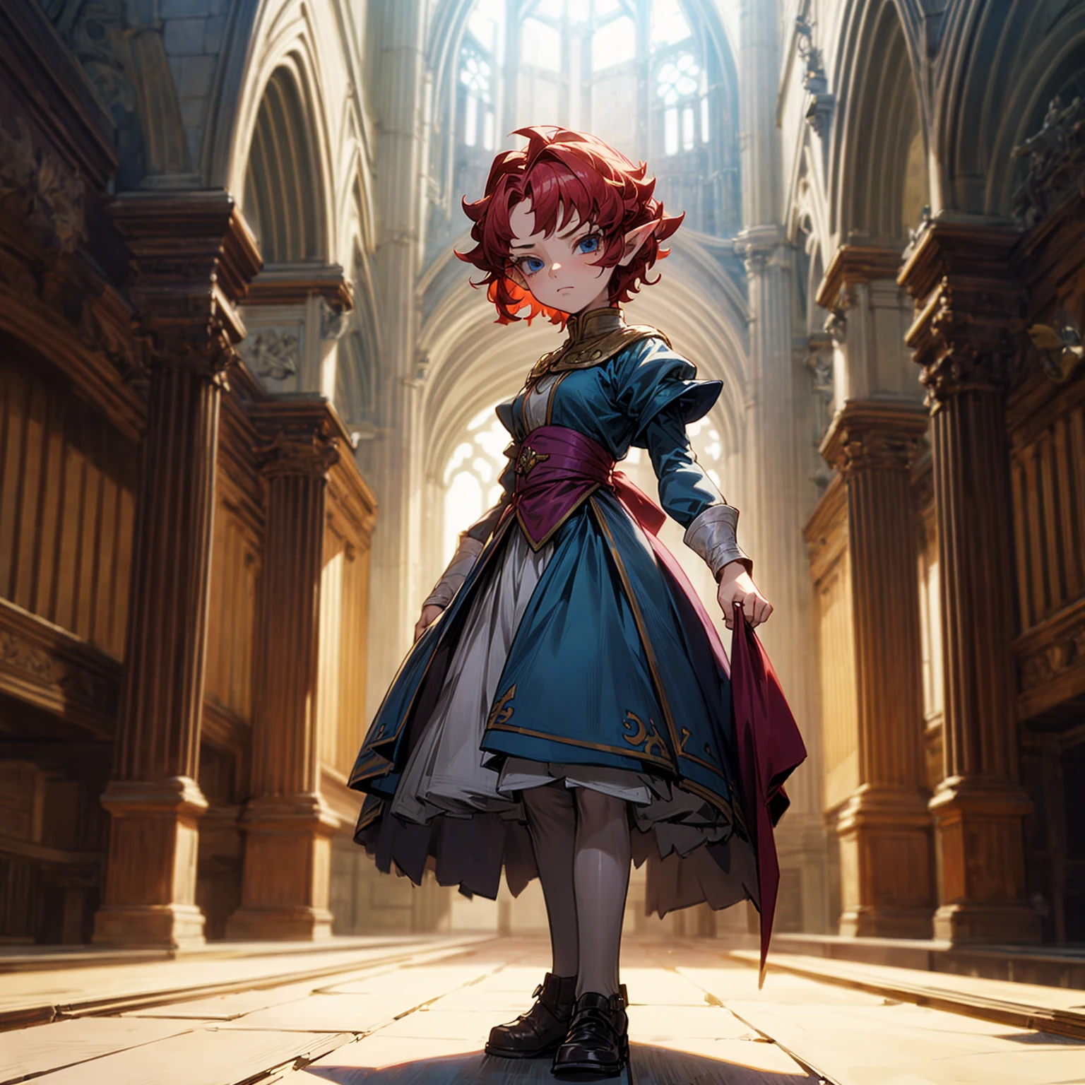 Solo character, full body version, , (elf), blue eyes, red color hair, short Curly haircut, His hair covered his eyes, dress princess outfit, , indoor, library, Castle, medieval, detailed background, detailed clothing, detailed hair, standing gesture, (Hunter x Hunter style art, violet Evergrande style art), medium breast 