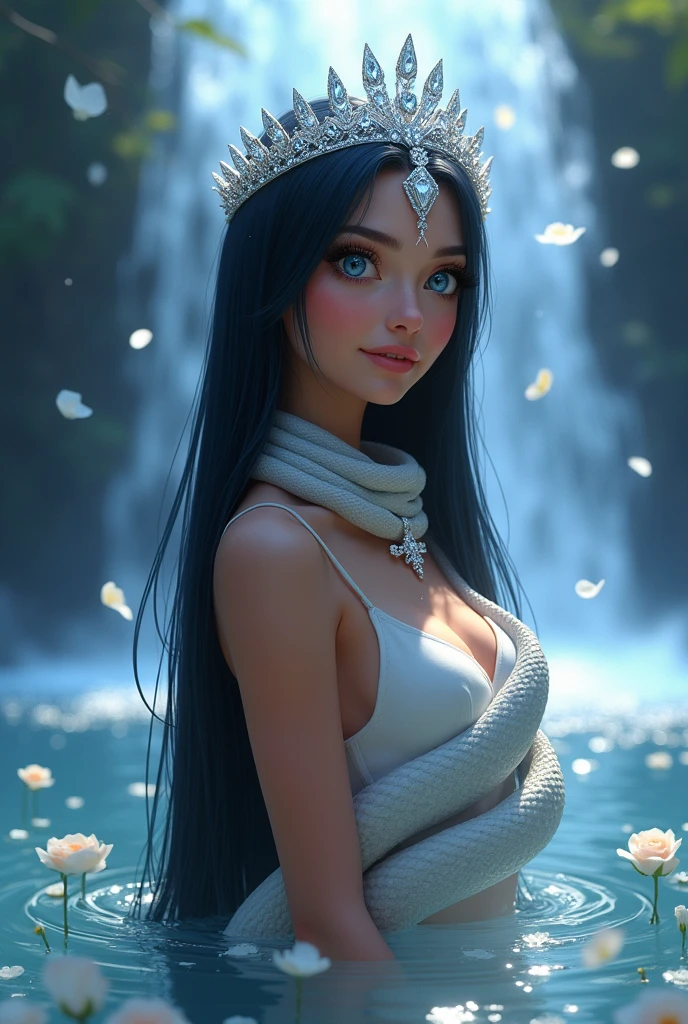 a beautiful woman with long, straight, jet-black hair, intense blue eyes, inside a waterfall from which white rose petals rain, she is with a white cobra, which wraps around her neck, a diamond crown on her head, with mist and white glow, the water reaches her waist. profile picture. animated digital art