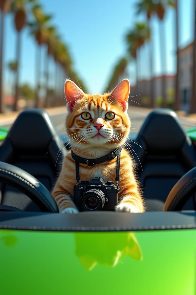 Make a picture of a cat taking pictures in a Lamborghini 
