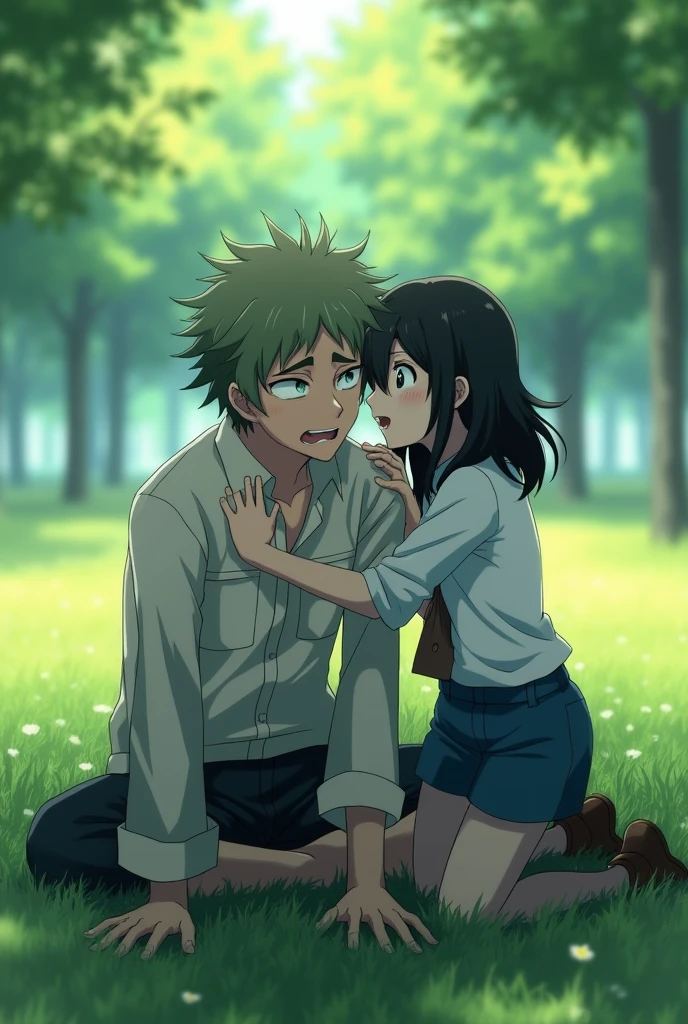 Uma imagem de rent a girlfriend:Scenario: An external environment, maybe a park or a quiet space where Hiroshi and Chizuru are. The background can be blurred a bit to keep the focus on the characters..Hiroshi: sitting on the floor, with a pale countenance and glassy eyes, showing fear and shock. His body may be shaking slightly and he appears to be trying to catch his breath..Chizuru: Kneeling beside Hiroshi, with an expression of concern and empathy. She is leaning forward, with his hand on Hiroshi's shoulder, offering support and comfort. His eyes show a mixture of pain and determination to help.Additional Detail: The environment can be calm and serene to contrast with the tension of the scene.. Chizuru may be holding Hiroshi's hand in a gentle manner, and there may be an aura of care around her