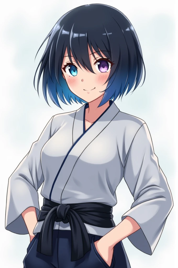 Style de jujutsu kaise anime: short layered blue hair,  blacksad, light blue eyes with pink,    wearing a jujutsu uniform with a black belt, um piercing no nariz e na boca, black hair, firm pose, smiling 