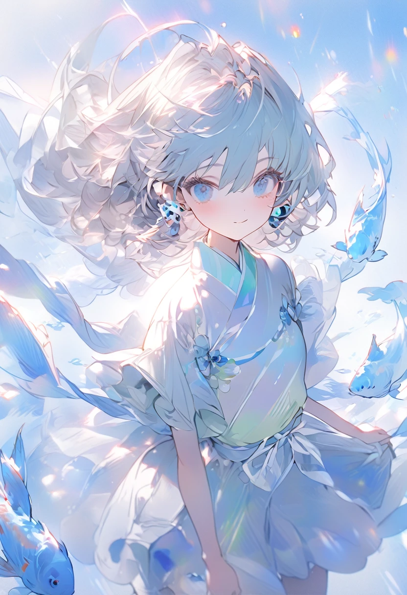 (anime style: 1.4), soft painterly touches, high resolution, attention to detail, high quality, high resolution, high quality, 4K, 8K, path after the rain, girl in headphones with blue eyes, surrounded by koi fish light blue and white color, pastel scale color effect, full body, intense yellow background