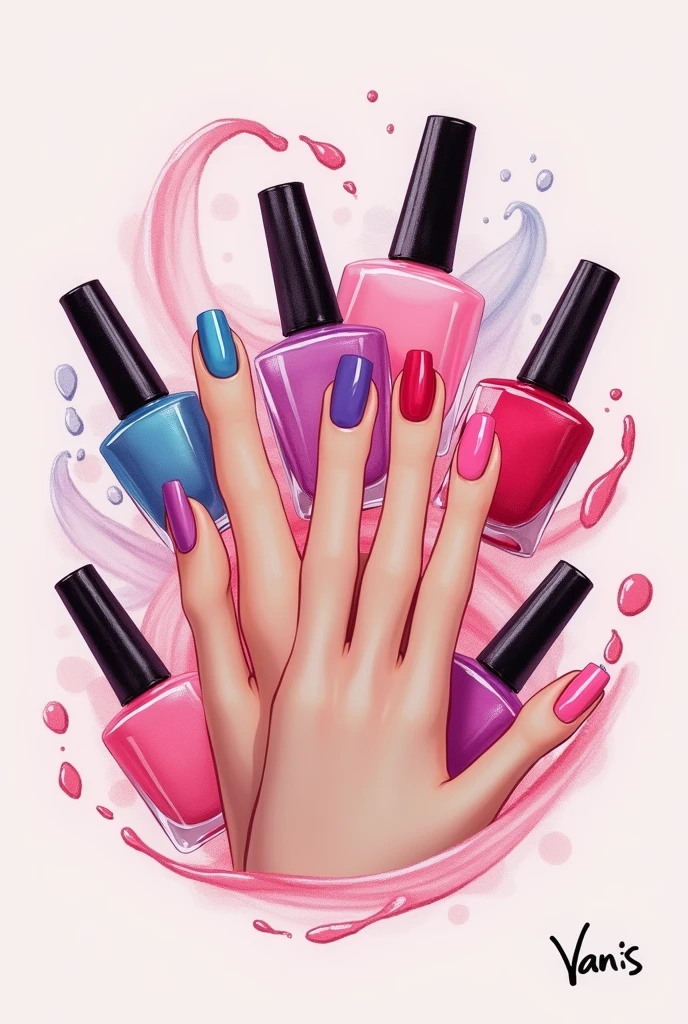 A logo related to manicures to be used as the brand of a beauty salon called "Vani's Beauty Studio " with 4 fingers showing from each hand with the same nail polish color on the nails. 3D design sketch. Featuring an image of nail polish bottles..