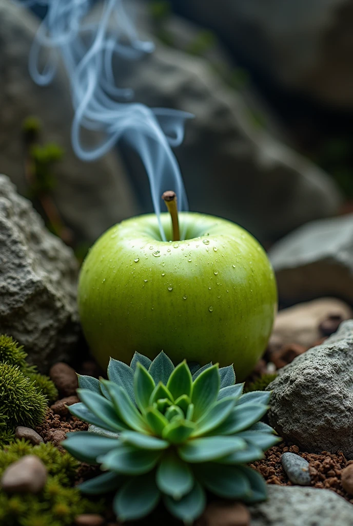 rocky background with green apple, cinnamon and oud wood and in the foreground a base of plants