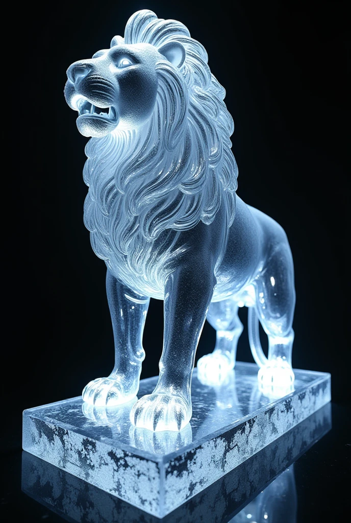 realistic glass lion, roaring with pride, 超detailded, intricate Glass sculpture, glass animal, textura de vidro, Escultura em vidro, realistic glass, Glass art, shiny glass, Translucent glass, photorrealistic glass, high qualiy glass, dazzling glass, work of art Escultura em vidro, incredible Glass art, ultra detailed glass, glass reflection, dramatic lighting, cinematic lighting, dramatic shadows, cinematographic shadows, highly reflective glass, shiny glass, crystal clear glass, impeccable glass, immaculate glass, Magnificent glass, inspirational glass, captivating glass, mesmerizing glass, Breathtaking glass, masterful glass, exotic glass, surprising glass, EXTRAORDINARY glass, phenomenal glass, realismo impressive, Hyper-Realism, photorrealistic, ultra-realistic, 超detailded, extreme detail, intricate-detail, incredible detail, Exceptional detail, unmatched detail, The best details, work of art, high qualiy, best qualityer, 8k, cinematic lighting, dramatic lighting, Bright dark, dramatic shadows, cinematic atmosphere, emotive, majestic, mighty, audacious, impressive, captivating, mesmerizing, inspirational, Breathtaking, Magnificent, exotic, surprising, EXTRAORDINARY, phenomenal