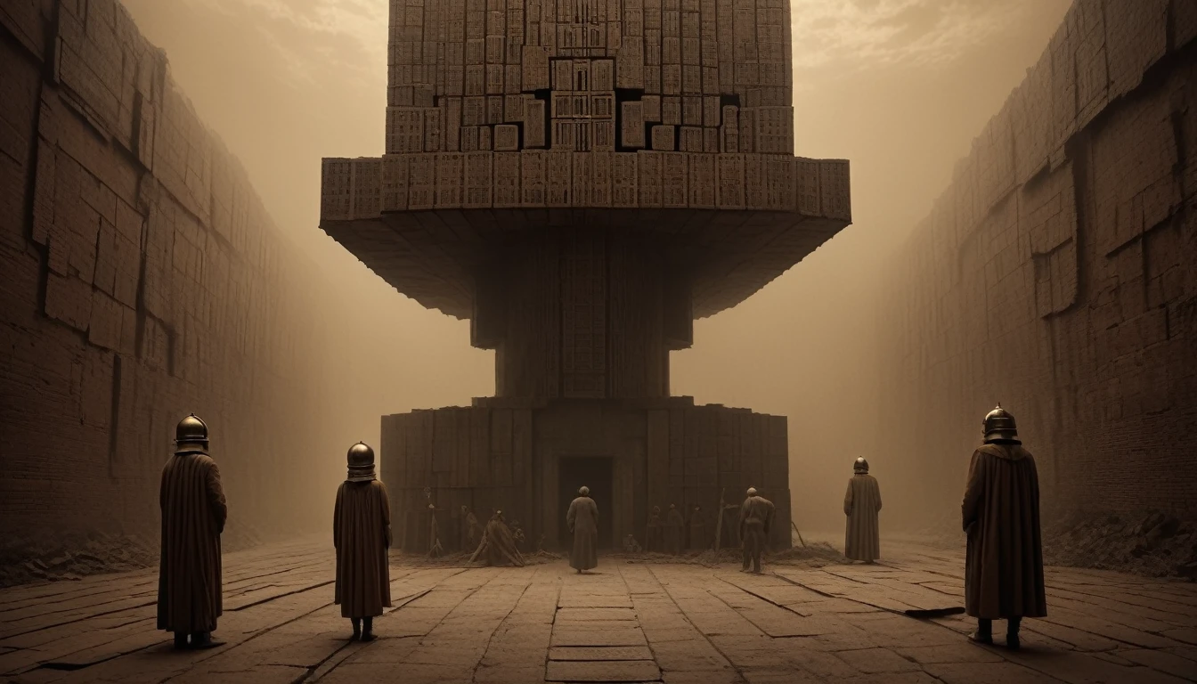 ((Very old photograph in sepia tone only)), Surreal, monochromatic image featuring three human figures with unique, abstract headgear. The central figure has a large, cube-like structure covering their head, with a single, prominent eye in the middle. The headgear is composed of numerous small, square blocks, creating a textured, grid-like appearance. The two smaller figures on either side have similar headgear, also with a single eye in the center. The background is dark and textured, adding to the eerie and mysterious atmosphere. The figures' skin appears to be a pale, grayish tone, and their facial features are partially obscured by the headgear. The overall composition is symmetrical, with the central figure being the focal point. supernatural atmosphere of the scene, horrified, deceptive, insane, disturbing, shocking, vintage, old film:1.5), (inspired by Zdzislaw Beksinski and Wayne Barlowe), cgsociety, art deco, 1920s, hyperdetailed, 1920s Hellraiser film, digital illusions, photorealistic, artistic visuals inspired by Fritz Lang. ((motion picture film)), ultra-detailed, chiaroscuro, RAW photo, cinematic, artstation style, concept art, masterpiece, 8k, black and white, realistic textures, 3D rendering