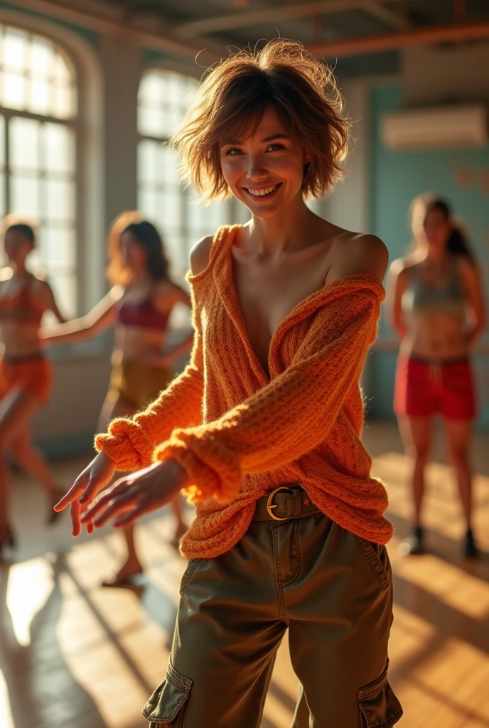 Dance Studio,(Intense dance motion:1.3),Reach out and take big steps,Armpits are visible,Add motion blur effects to simulate motion,Off the shoulder,The belly button reveals the appearance,Lace Loose Sweater,Baggy cargo pants,Costumes disarrayed by dance moves,Disheveled Hair,Glossy light brown and orange striped short-cut hair,(A smile that makes people happy:1.3),Emphasize large breasts,Chest slip,(Show the underside of the chest:1.3),In 8K, RAW Photos, Highest quality, Tabletop),Studio Lighting,Cinema Lighting,(Realistic, Photorealistic),Digital SLR,Looking into the camera,Beautiful Hands,Beautiful fingers,Detailed characteristics of the fingers,Detailed clothing features,Detailed hair features,Detailed facial features,
