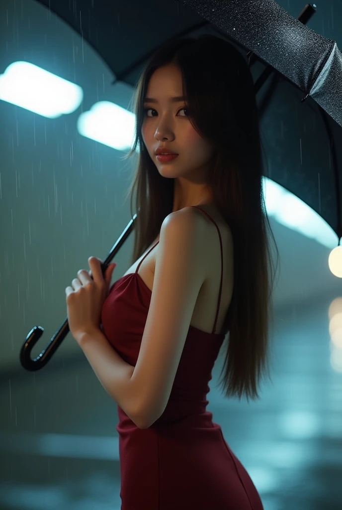 (full body shot:1) photorealistic image of a woman, ultrarealistic, photography, straight long dark brown hair, asian woman, beautiful cute sexy asian 20 years old woman, hourglass figure, perfect body, Flirty look, natural big breasts, blur background, she wears a sexy dress, long eyelashes, cat eye make-up, sexy pose, erotic pose, seductive pose, sexy pose, in a parking lot, late at night, damp windows, window condensation, full body view holding an umbrella, raining