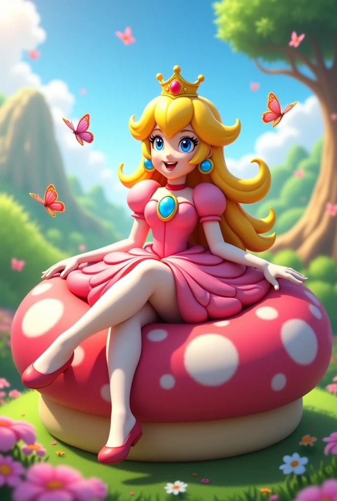 I want princess peach from super Mario to be sitting extending her legs and feet towards the screen, wearing white nylons with them being tickled