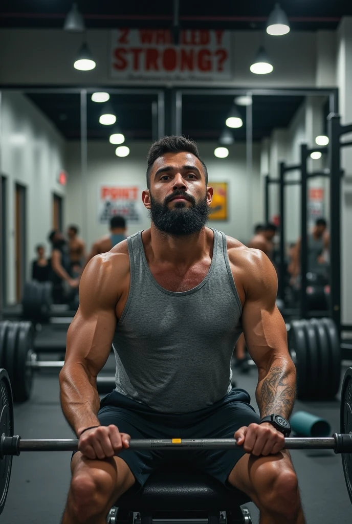 A bearded man wearing workout clothes is training in the room.