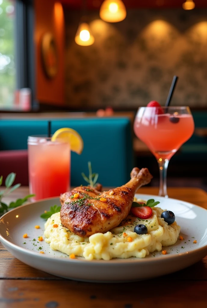 (medium full shot) of (zesty delicious meal) served in a Bistro setting style, featuring a fresh pink grilled chicken, garlic mashed potatoes, creamy cheesecake, fruity cocktail, accompanied by a slice of lemon, set in a bustling cafe, with eclectic decor, vibrant colors, dynamic seating, a spirited atmosphere, Masterpiece,best quality, photo, realistic, very aesthetic