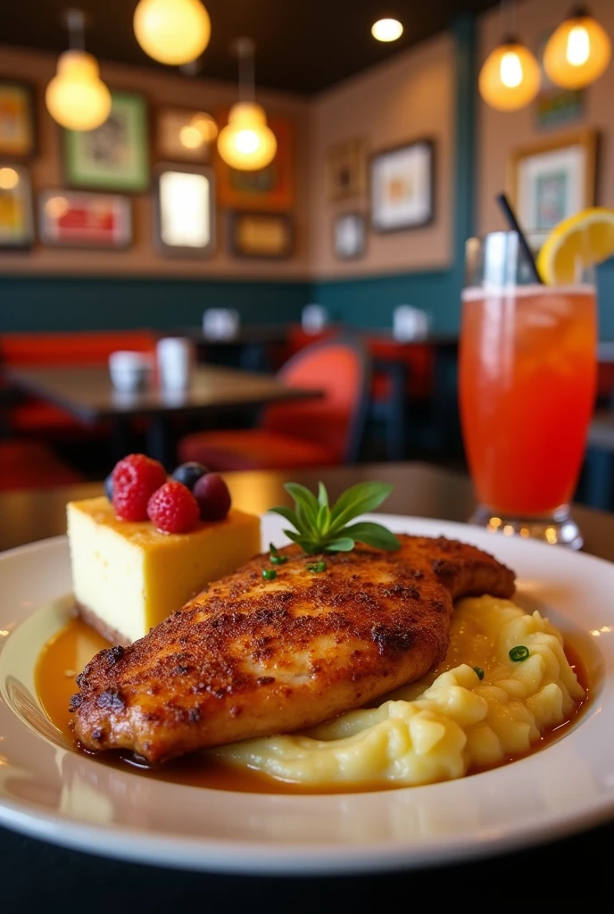 (medium full shot) of (zesty delicious meal) served in a Bistro setting style, featuring a fresh pink grilled chicken, garlic mashed potatoes, creamy cheesecake, fruity cocktail, accompanied by a slice of lemon, set in a bustling cafe, with eclectic decor, vibrant colors, dynamic seating, a spirited atmosphere, Masterpiece,best quality, photo, realistic, very aesthetic
