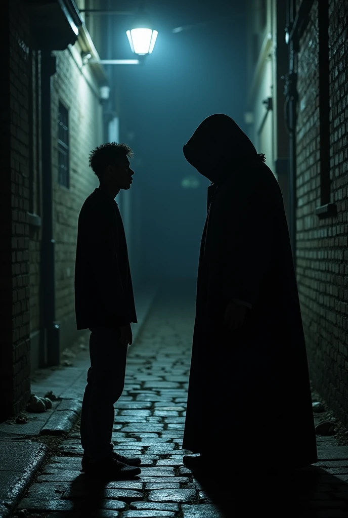 Young black man encounters a mysterious hooded man in a dark alley 