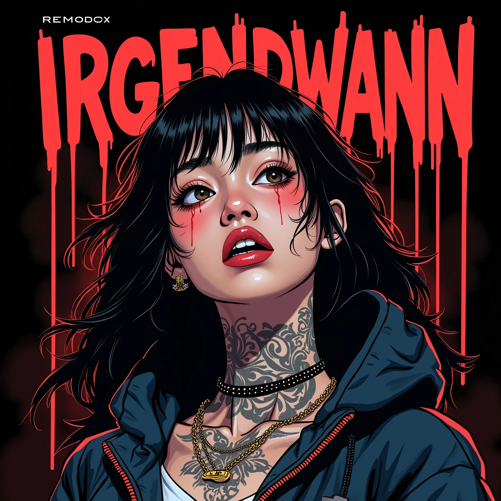 Asian Girl Rapper, falling, pretty, face_tattoos, comic style, cartoon, dark sad vibe, tears, dark background, Album cover, "IRGENDWANN", Letters say IRGENDWANN, dark, comic style, gangster, tech wear outfit, dynamic