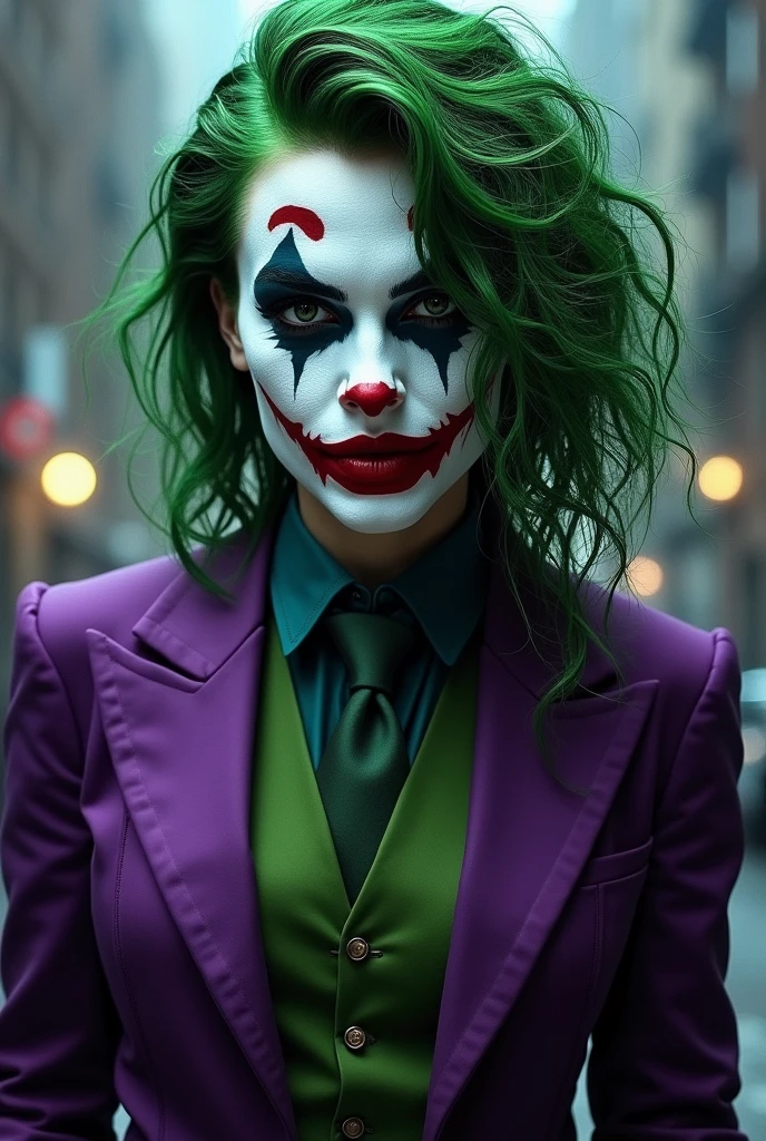 {
  "prompt": "A faithful female version of the iconic Joker from DC Comics, reimagined with striking beauty while retaining the character's signature look and chaotic energy. She has pale white skin, with vibrant green hair styled in messy, voluminous curls. Her makeup is bold, with dark, piercing eyes framed by heavy black eyeliner and a mischievous, twisted smile painted in deep red lipstick that extends slightly beyond the corners of her mouth. She is dressed in a sharp, tailored purple suit jacket with a green vest and matching tie, echoing the Joker's classic attire but with a feminine flair. Her posture is confident and slightly unhinged, embodying the perfect blend of elegance and madness, as if she’s always on the edge of chaos.",
  "size": "1024x1792"
}