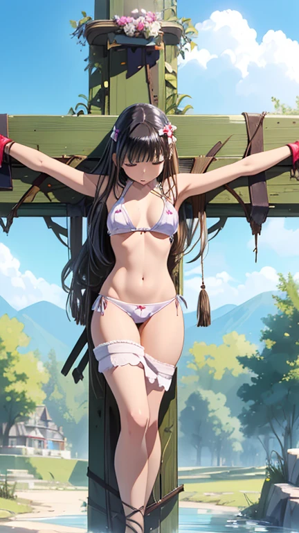 Highest quality,masterpiece,8k,(Beautiful woman),Tattered micro underwear、一人のBeautiful woman,((Crucifixion)),cross,(execution),incontinence,Scared,torture,slave,((crossにCrucifixionにされた女性:1.5))