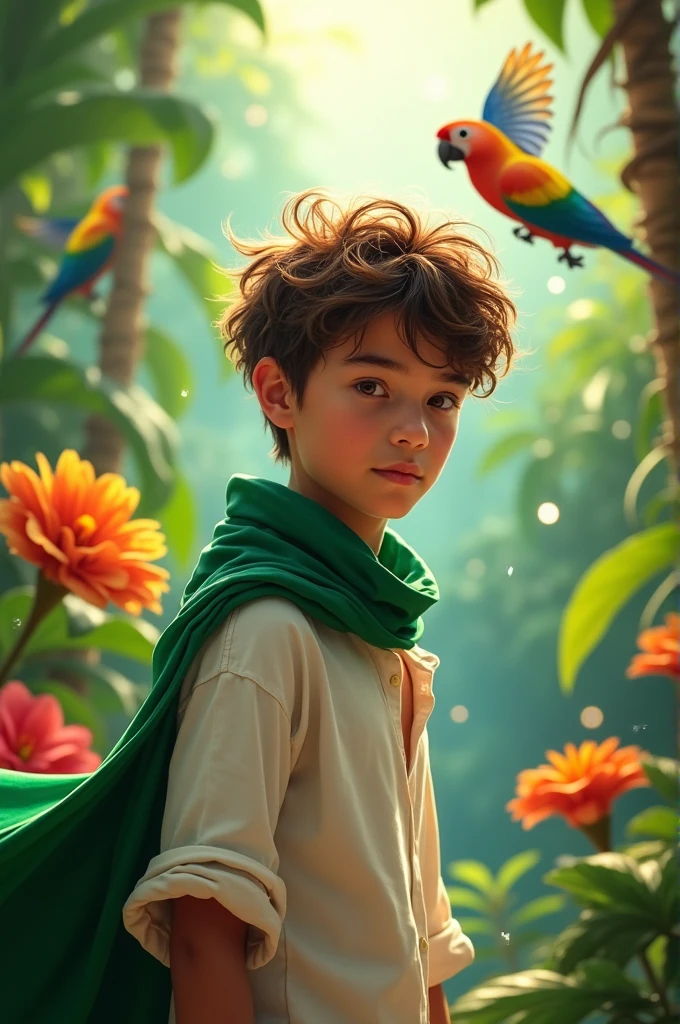 18 year old hispanic boy, messy brown hair, playful look, wearing a green cowl, a white cotton shirt, in a fantasy tropical setting.