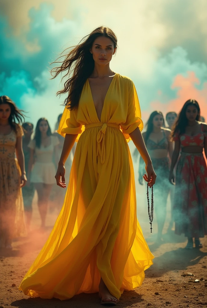 woman in yellow dress, blue and red with a rosary chained appearing through smoke with many people behind and breaking the chains
