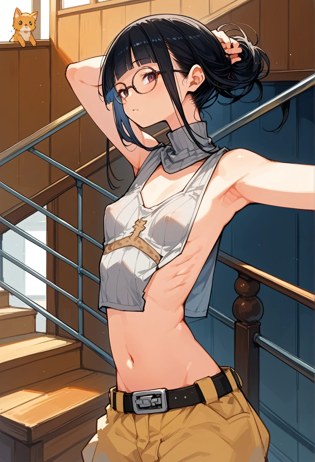 Revealing clothing,Focus on your audience,mischief,The sides of the upper body are completely exposed,側面が完全に空いているデザインのSleeveless turtleneck,Exposed from the sides to the chest,Protruding ribs,Exposing the waistline,Ultra low rise,Do not wear underwear、胸元が開いたデザインのSleeveless turtleneck,Exposed breasts､exposed flank,sexy,Flat Chest,Focus on your audience,very thin body,Anime Style,Slim figure,delicate,Glasses,Asian woman wearing a grey top posing on the stairs, Sleeveless turtleneck_baggy, 脇が完全に開いているSleeveless turtleneck_Relaxed back design,rib cage,Side bust,Shoulders are wide open,sexyなWearing a crop top, Photos of slim models, Chiho, T-Top, shikamimi, Wearing a crop top, Real anime, Kurohime cut hair, Chassis, 2 4-year-old female model