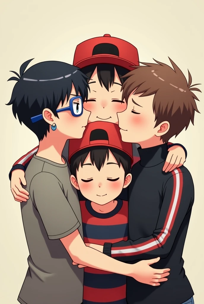 3 guys fucking in a loving way hugging each other. The anime style 1st is on the left., He is 5 years old.8 feet tall, short haircut black hair, He is wearing earrings and blue round glasses..
The second boy is in the middle, 6 feet tall, with very short hair with a red cap backwards, and he is wearing a rick and morty shirt.
The third boy on the right is the 5th.7 feet tall with a buzz cut brown hair and a turtleneck with red and white stripes.