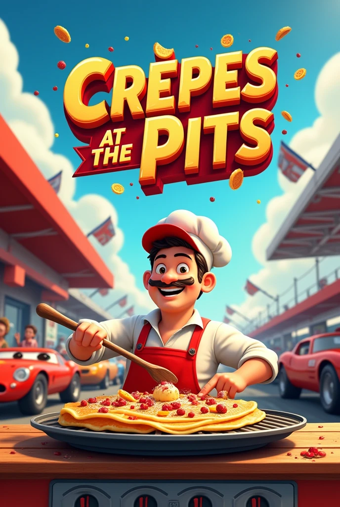 Create a poster with cars style typography
"Crepes at the Pits"
"today 2x1"
"crepes, waffles y hotcakes minis"
in Spanish