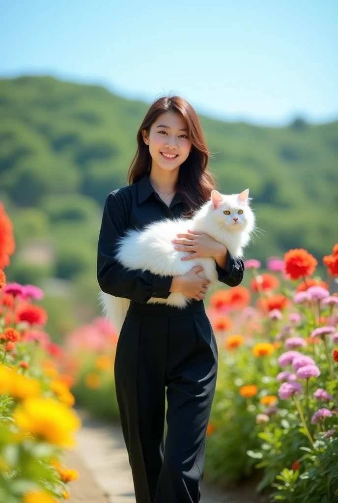 a Korean woman wearing a black shirt, trousers. 20 years.  was walking holding a white Persian cat while looking straight ahead with a smile. You can see the cat garden and flower hill, garden background, blue sky, photo studio